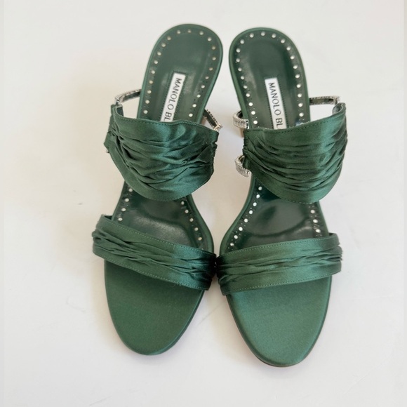 Manolo Blahnik Dark Green Gathered Satin Chinap 70mm open toe mules EU 37.5 - Picture 6 of 12
